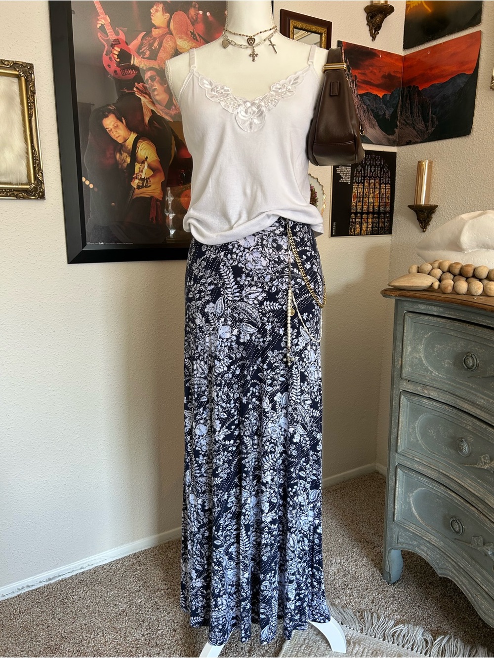 Vintage 90s Whimsigoth Floral Skirt XS Mixed Print Elastic Maxi Cottagecore Boho